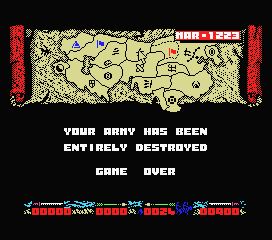Genghis Khan (MSX) screenshot: In another battle, my army was completely destroyed. Game over.