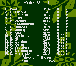 Olympic Summer Games (SNES) screenshot: Next up is the pole vault.
