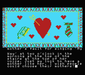 The Secret Diary of Adrian Mole Aged 13¾ (MSX) screenshot: Great! Mum was singing 'My Way' at the top of the stairs at the top of her voice at two in the morning.