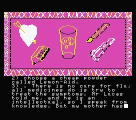The Secret Diary of Adrian Mole Aged 13¾ (MSX) screenshot: What should I choose? I need to find a flu medicine for Mum.