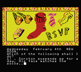 The Secret Diary of Adrian Mole Aged 13¾ (MSX) screenshot: I'm in trouble for wearing red socks rather than black socks. What should I do?