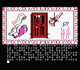The Secret Diary of Adrian Mole Aged 13¾ (MSX) screenshot: Pandora has started a sock protest.