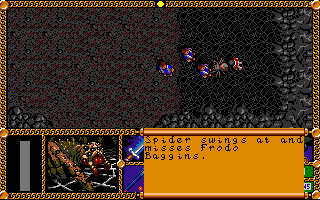 J.R.R. Tolkien's The Lord of the Rings, Vol. I (Amiga) screenshot: The spider lunges at Frodo.