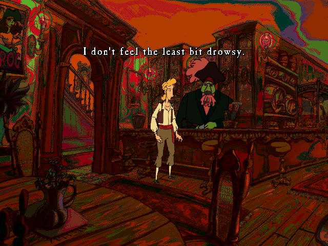 The Curse of Monkey Island (Windows) screenshot: That's what happens to Guybrush if he combines medicine (the hangover cure) with alcohol (grog)...
