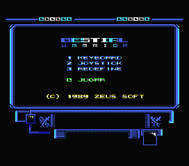 Bestial Warrior (MSX) screenshot: Title screen and main menu