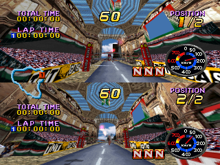 Air Race Championship (PlayStation) screenshot: River Town, two player battle