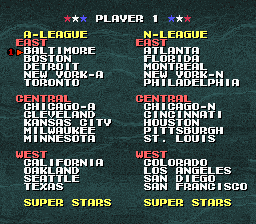 Tecmo Super Baseball (SNES) screenshot: Select teams.