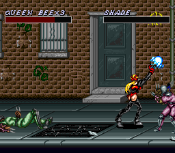 Cosmo Police Galivan II: Arrow of Justice (SNES) screenshot: High attacks have a deceptively wide hitbox, and are your best bet at downing any enemy.