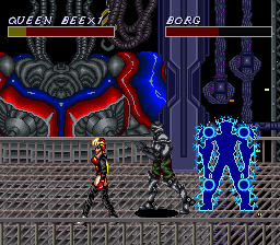Cosmo Police Galivan II: Arrow of Justice (SNES) screenshot: Level 3-2 gives Borgs two new abilities. An electrical charge that hits anything near them...