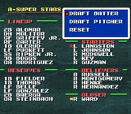 Tecmo Super Baseball (SNES) screenshot: Draft players to form the all-star team.