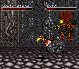 Cosmo Police Galivan II: Arrow of Justice (SNES) screenshot: Ogers, enemy type #3, are stronger, though slower, and will rarely use a short range flame attack.