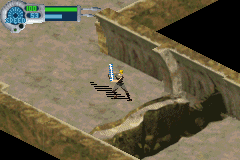 Star Wars: The New Droid Army (Game Boy Advance) screenshot: Since there is no regualr jump mechanic, the gaps can only be crossed with Force jumps.