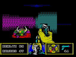 The Dark (ZX Spectrum) screenshot: Level 1: No more Monster approaching.<br> Monster laying like a pulp of a Minotaur with something.