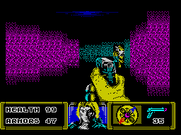 The Dark (ZX Spectrum) screenshot: Level 1: Seek and hide.<br> - I have a candy for you, come here, don't be afraid...<br> - (scared faded growl)