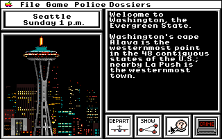 Where in the U.S.A. Is Carmen Sandiego? (Apple IIgs) screenshot: Starting a case in Seattle.