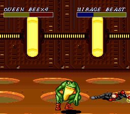 Cosmo Police Galivan II: Arrow of Justice (SNES) screenshot: Boss #3 spends altogether too much time leaping onto your head, leading to this scene repeating itself often.