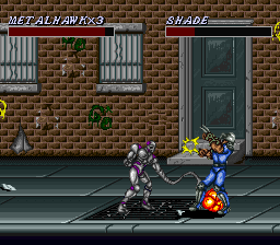 Cosmo Police Galivan II: Arrow of Justice (SNES) screenshot: Most of Metalhawk's attacks involve contorting or transforming his body.