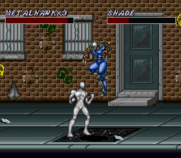 Cosmo Police Galivan II: Arrow of Justice (SNES) screenshot: To defend himself from attack, Metalhawk cosplays as Pepsiman.