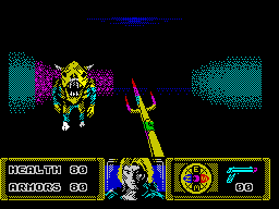 The Dark (ZX Spectrum) screenshot: Level 1: Trident.<br> The only weapon the player carries at the beginning.