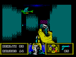 The Dark (ZX Spectrum) screenshot: Level 1: Thanatos running away.<br> - Get over here you stupid!