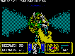 The Dark (ZX Spectrum) screenshot: Level 1: Monster still approaching.<br> - Back off, back off!