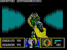 The Dark (ZX Spectrum) screenshot: Level 1: Monster approaching.<br>