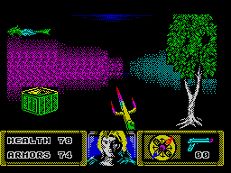 The Dark (ZX Spectrum) screenshot: Level 1: A pack of ammo.<br> - Hey Thanatos, it's me, over here...!