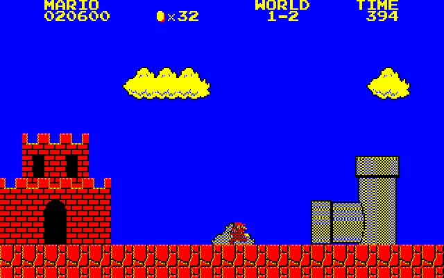 Super Mario Bros. Special (PC-88) screenshot: You actually have to walk to the pipe in this version.