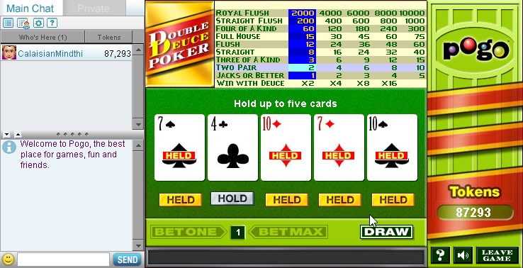 Double Deuce Poker (Browser) screenshot: I have two pair and the winnings are glorious.