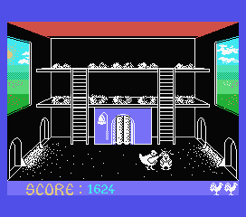 Chicken Chase (MSX) screenshot: I failed so she is clobbering me.