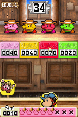 Kirby Super Star Ultra (Nintendo DS) screenshot: Engage in some healthy target practice against three opponents.