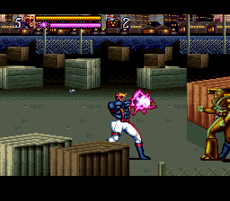 Jim Lee's WildC.A.T.S: Covert Action Teams (SNES) screenshot: Occasionally you can supercharge Spartan's beam attack, but that just takes it longer to charge up.