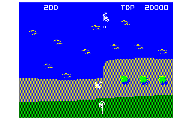 Gyrodine (PC-88) screenshot: Shooting some pesky helicopters