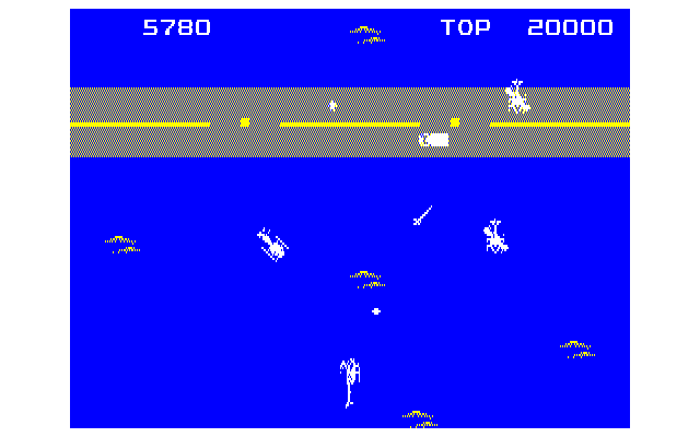 Gyrodine (PC-88) screenshot: Shooting missiles at trucks on the bridge