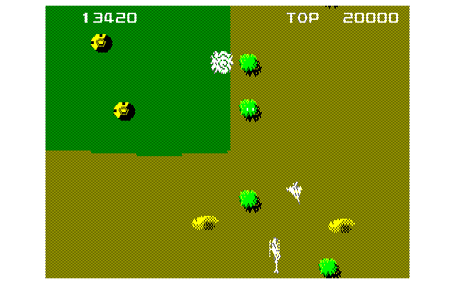 Gyrodine (PC-88) screenshot: The jets fly in and out quite fast