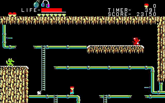 The Goonies (PC-88) screenshot: New hazards, and the stages get quite sprawling and complex