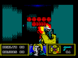 The Dark (ZX Spectrum) screenshot: Level 1: Retaliation.<br> tinny pieces of ugly monster scattering around.