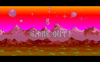 Sophelie (Amiga) screenshot: Game out! That means game over, although you can continue if you press fire before the counter runs out.