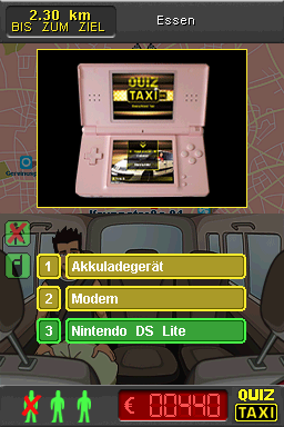 Quiz Taxi (Nintendo DS) screenshot: Answer: A classic self-reference joke!