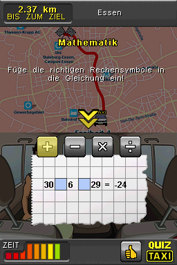 Quiz Taxi (Nintendo DS) screenshot: In the math minigame you need to fill the blanks in the equation.