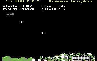 Polowanie na Litery (Commodore 64) screenshot: Aircraft drops more letters with each level