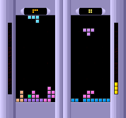 Super Tetris 2 + Bombliss (SNES) screenshot: The bar on the side of each player's well keeps track of how many line their opponent made. The goal is to fill up your opponents bar by filling in more lines.