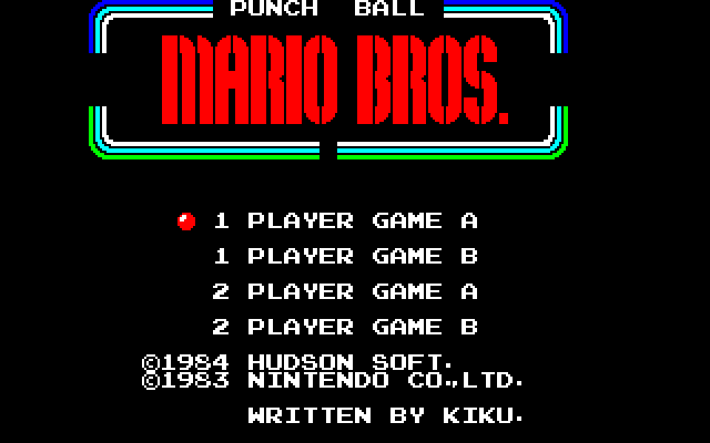 Punch Ball Mario Bros. (PC-88) screenshot: Title menu