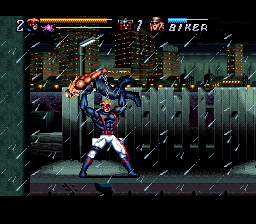 Jim Lee's WildC.A.T.S: Covert Action Teams (SNES) screenshot: In addition to the normal hold, you can also lift enemies overhead, then throw them as projectiles.