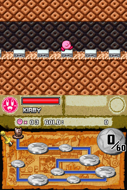 Kirby Super Star Ultra (Nintendo DS) screenshot: The usual menagerie of obstacles and enemies stand between you and untold riches.