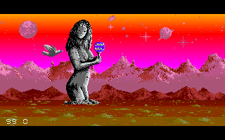 Sophelie (Amiga) screenshot: After defeating an enemy type you pass a statue of a woman which signals that a new enemy is coming.