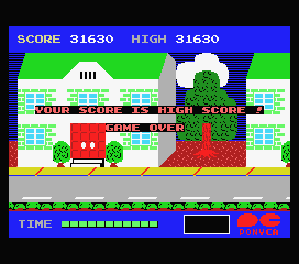 Back to the Future (MSX) screenshot: Game over in round 3. I got the high score. Notice the new two-story buildings.