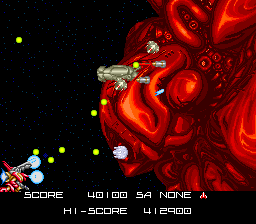 BlaZeon (SNES) screenshot: Tearing out this bio-ship's weapons one at a time.