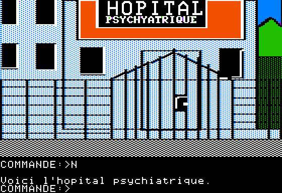 Paranoiak (Apple II) screenshot: In front of a psychiatric hospital
