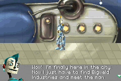Robots (Game Boy Advance) screenshot: "I'm finally here in the city."